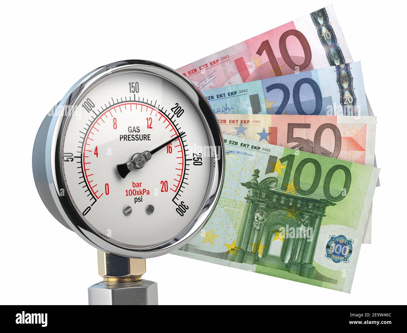 Misuratore di pressione a gas con banconote in euro. Il prezzo del gas e il concetto di pagamento delle spese di riscaldamento. illustrazione 3d Foto Stock