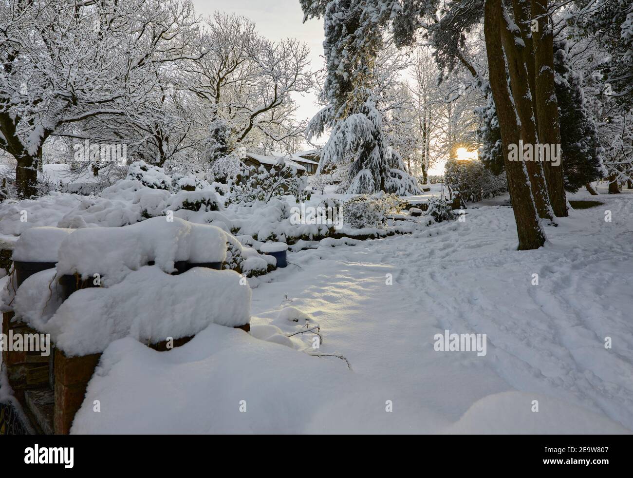 Mattina e un'altra nevicata pesante copre il piccolo giardino della brughiera Foto Stock