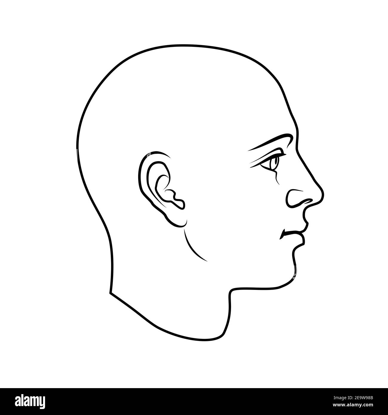 Modello disegnato a mano della testa umana in vista laterale. Disegno vettoriale piatto con contorno bianco e nero isolato su sfondo bianco. EPS 8. Illustrazione Vettoriale