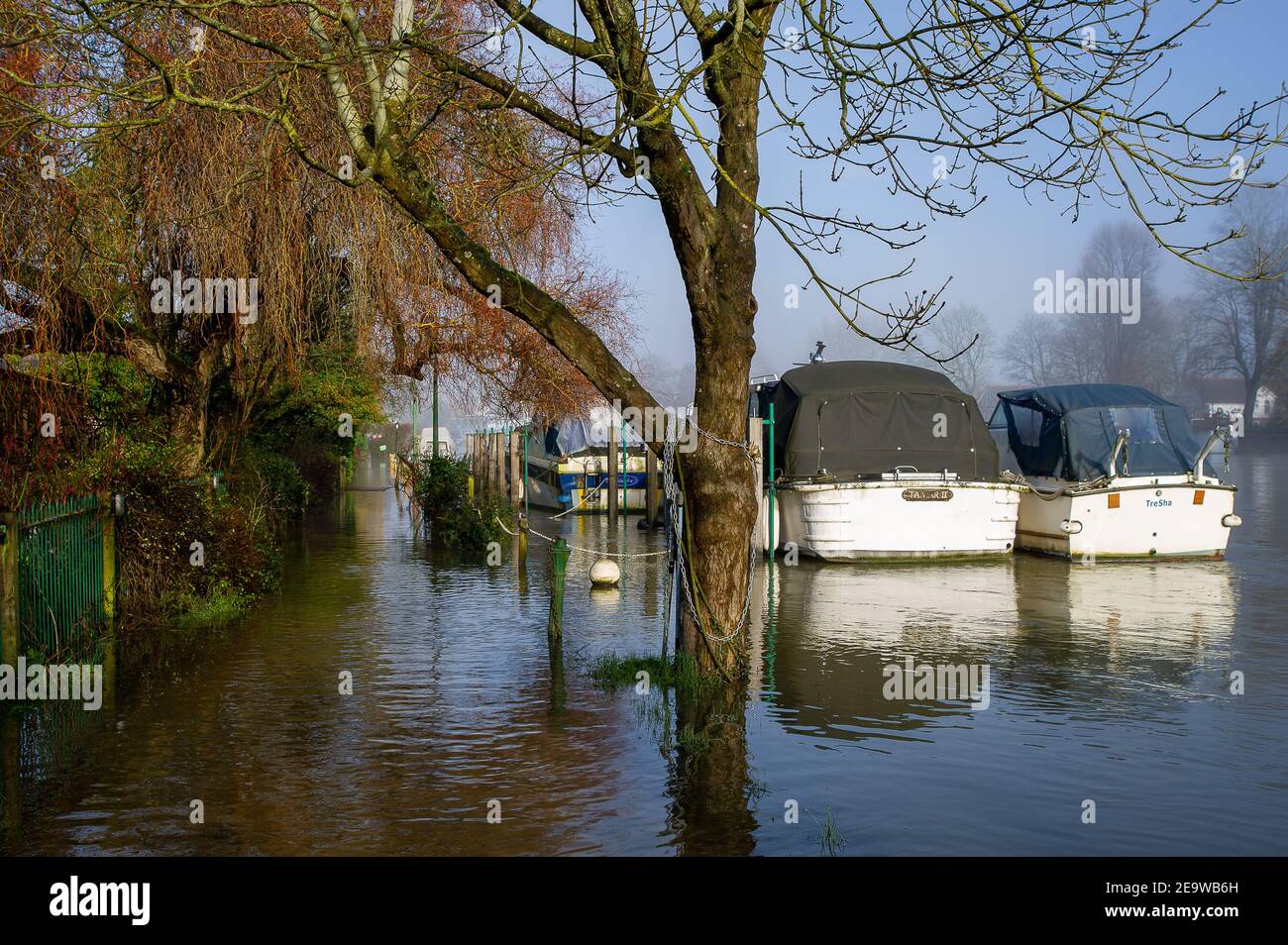 Bourne End, Buckinghamshire, Regno Unito. 6 febbraio 2021. Un avvertimento di alluvione è in atto per il Tamigi a Bourne fine dopo un periodo di pioggia sostenuta la settimana scorsa. Il Tamigi Path è allagato e giardini di proprietà vicino al Tamigi. Anche se i livelli dell'acqua sono scesi un po', si prevede che l'inondazione di proprietà, strade e terreni agricoli continui. Credit: Maureen McLean/Alamy Live News Foto Stock