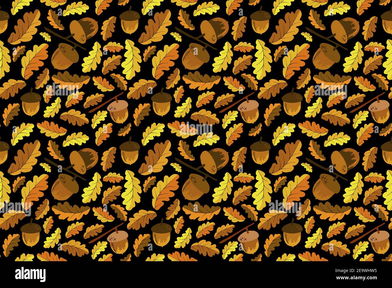 Modello vettoriale autunnale senza cuciture con foglie di quercia e ghiande luminose su sfondo nero. Illustrazione Vettoriale