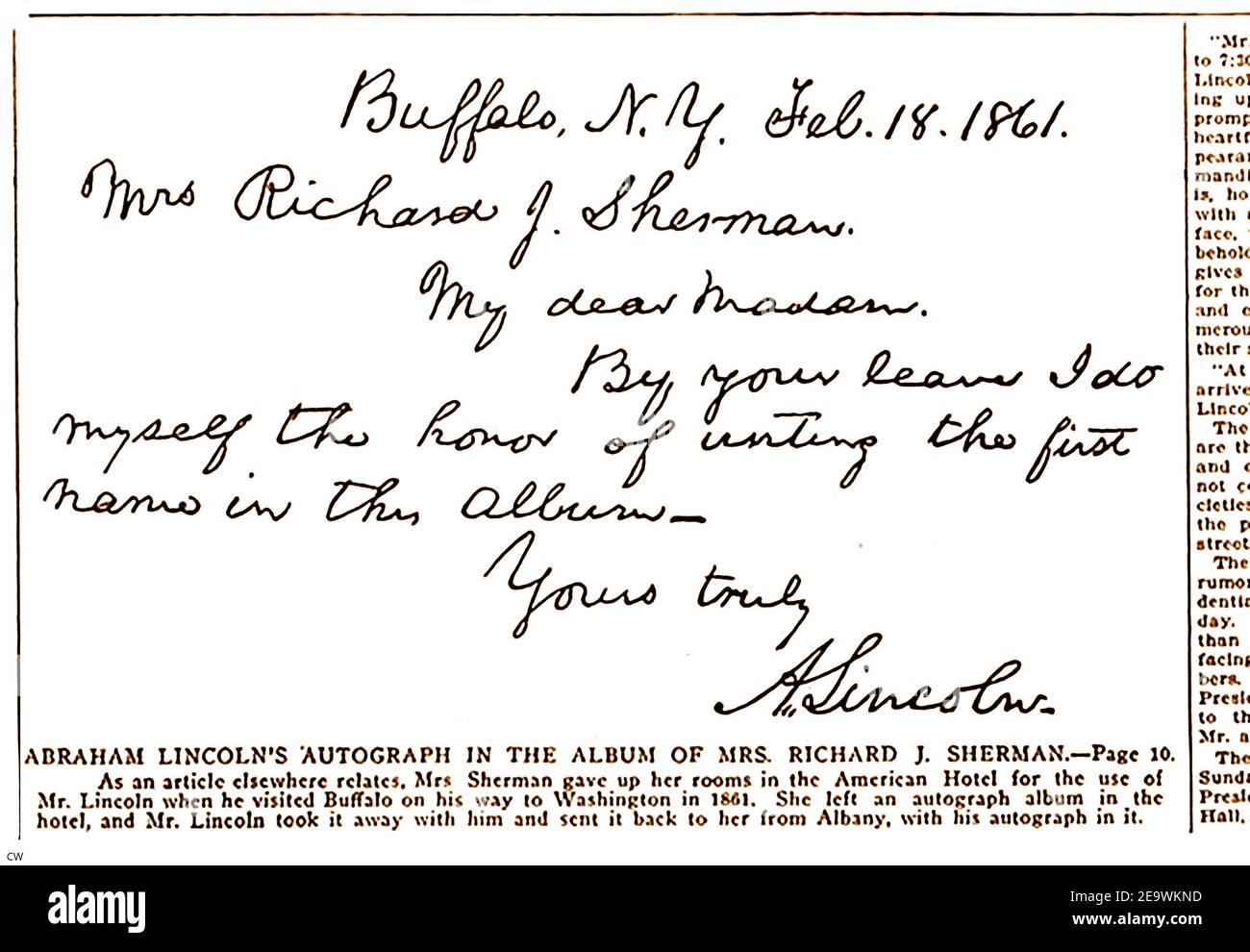 1909 - UN ARTICOLO DEL QUOTIDIANO LOCALE DI BUFFALO (USA) CHE MOSTRA IL MESSAGGIO INVIATO DAL PRESIDENTE ABRAHAM LINCOLN CON LA SUA AUTOGRAPH, DI NUOVO ALL'HOTEL AMERICANO A BUFFALO DOPO UNA VISITA IN CUI UNA SIGNORA SHERMAN HA RINUNCIATO ALLA SUA STANZA PER LUI. Foto Stock