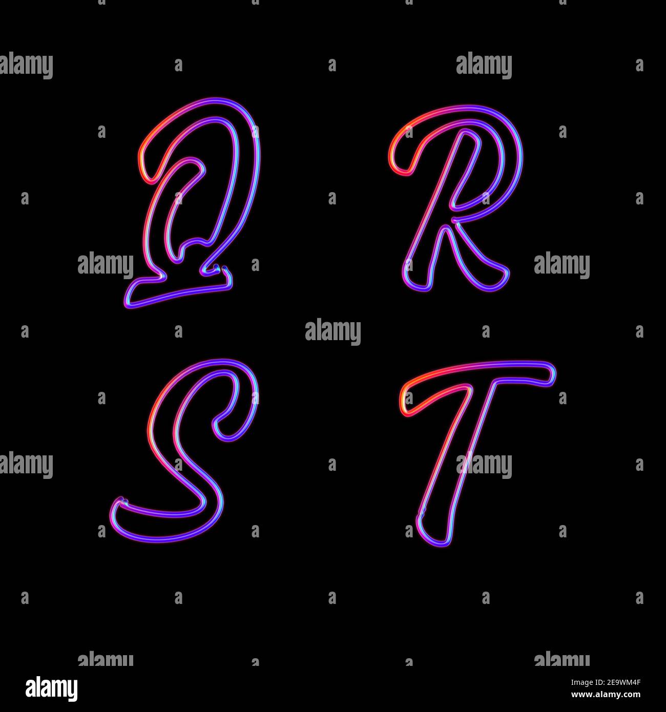 Rendering 3D di lettere maiuscole al neon incandescenti - lettere Q-T. Foto Stock