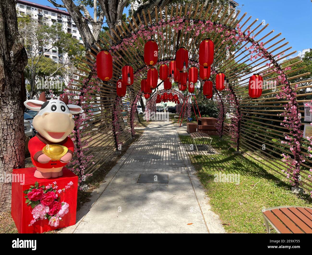 Decorazione tradizionale cinese delle lanterne nel parco pubblico in congiunzione con la celebrazione cinese di Capodanno. Foto Stock