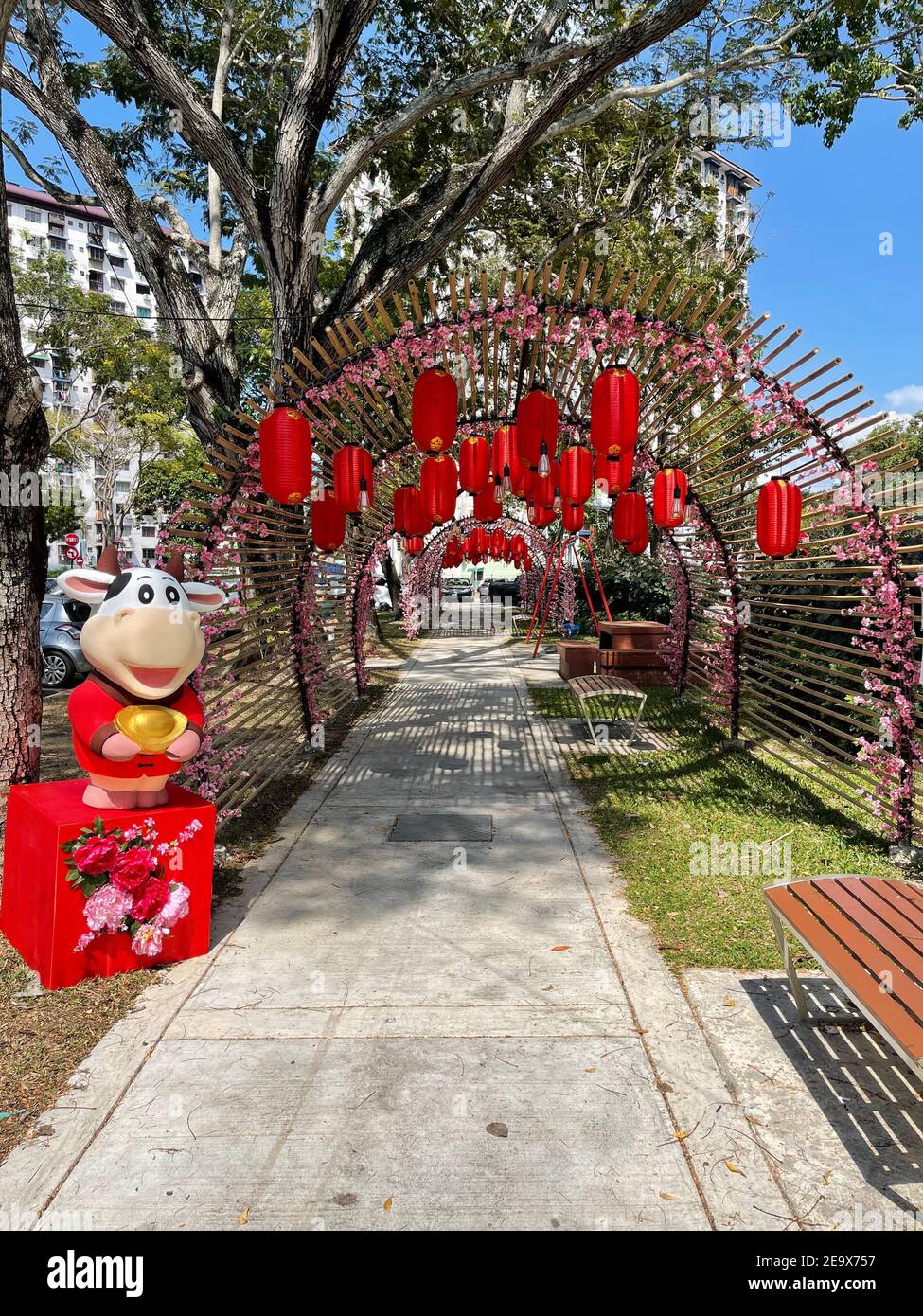 Decorazione tradizionale cinese delle lanterne nel parco pubblico in congiunzione con la celebrazione cinese di Capodanno. Foto Stock