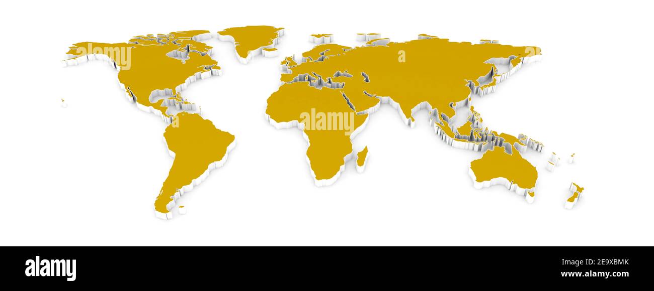 Mappa del mondo gialla isolata su sfondo bianco Foto Stock