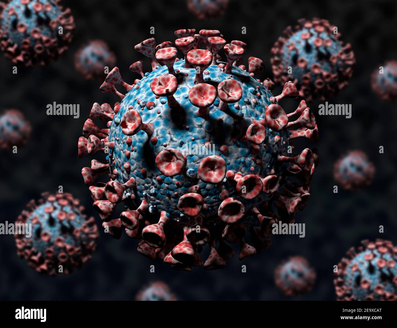 Rappresentazione 3d astratta di Coronavirus - Covid-19. nuovo ceppo b117 mutato. Illustrazione 3D Foto Stock