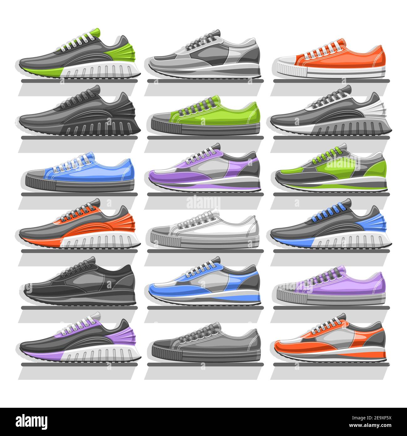 Vector Sneakers Set, 18 illustrazioni ritagliate di varietà sneakers multicolore, in bianco e nero e stile urbano - vista laterale, gruppo di uomini e. Illustrazione Vettoriale