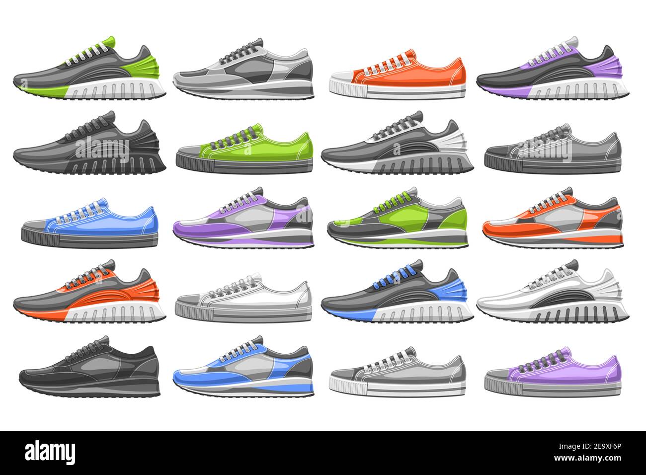 Vector Sneakers Set, 20 illustrazioni ritagliate di diverse sneakers da calcio e da calcio multicolore, in bianco e nero, gruppo di molti ragazzi e ragazze d Illustrazione Vettoriale