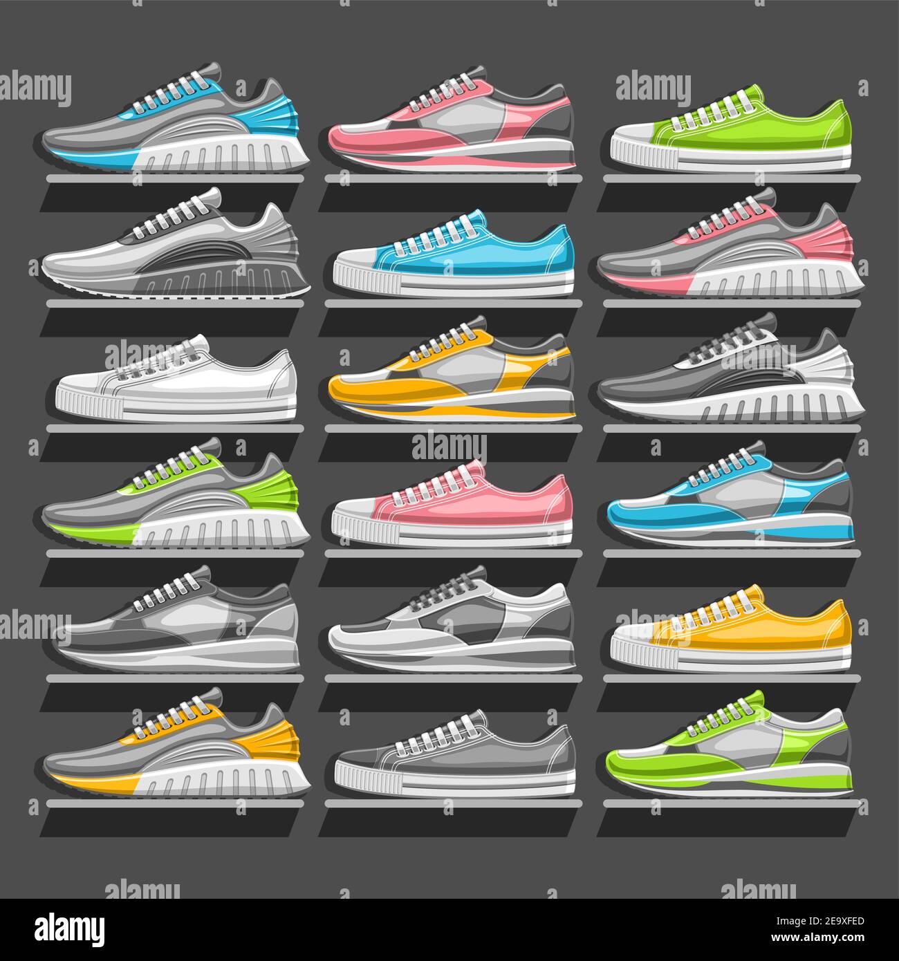 Vector Sneakers Set, 18 illustrazioni ritagliate di varie sneakers multicolore, in bianco e nero e stile urbano - vista laterale, gruppo di uomini e. Illustrazione Vettoriale