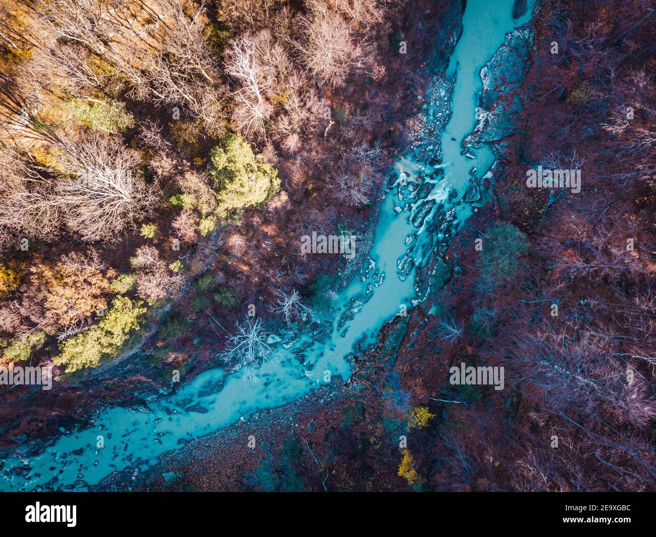 Vista aerea su un fiume in mezzo a verde, foresta fogliame, soleggiata, giorno di autunno Foto Stock