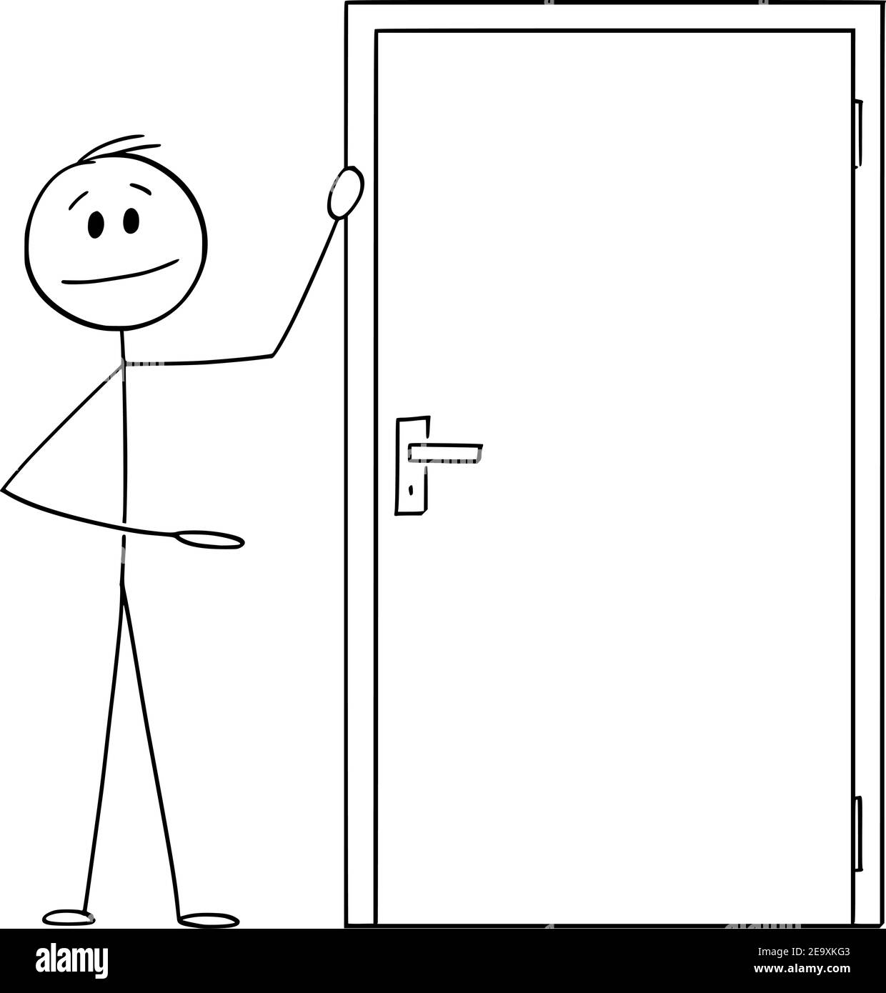 Uomo o uomo d'affari che mostra la porta d'ingresso o di uscita, cartoon vettore figura stick o illustrazione di carattere. Illustrazione Vettoriale