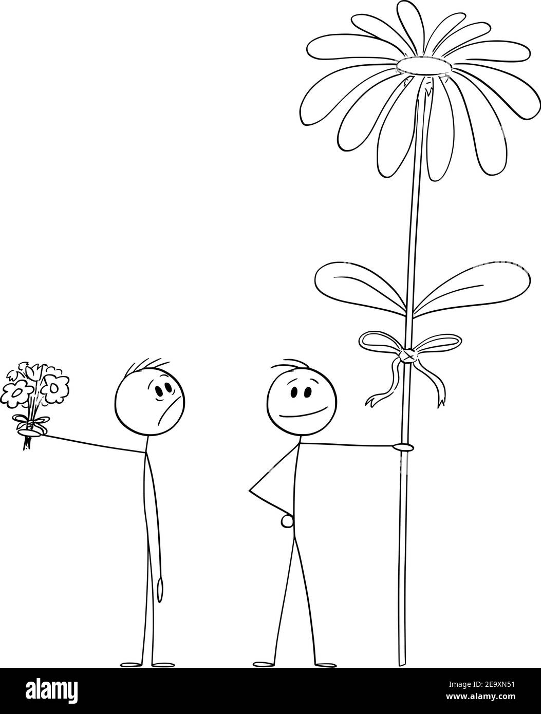 L'uomo con il piccolo bouquet valentino sta guardando il fiore grande di un altro uomo o amante, il fumetto vettore figura del bastone o illustrazione del carattere. Illustrazione Vettoriale