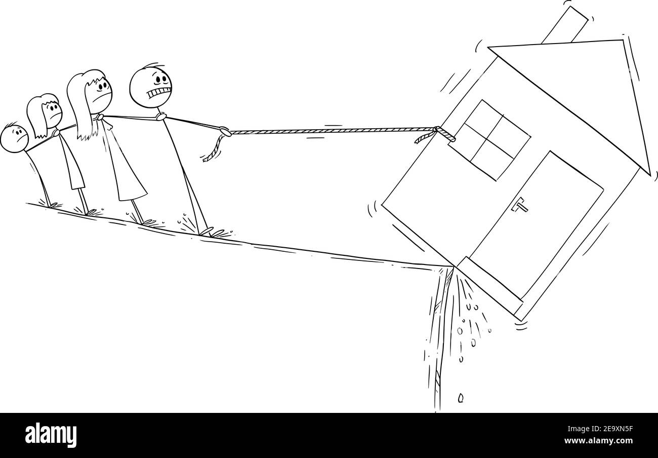 Famiglia cercando di salvare la sua casa, mutuo ipotecario o dept finanziario concetto, vettore cartoon figura stick o illustrazione di carattere. Illustrazione Vettoriale