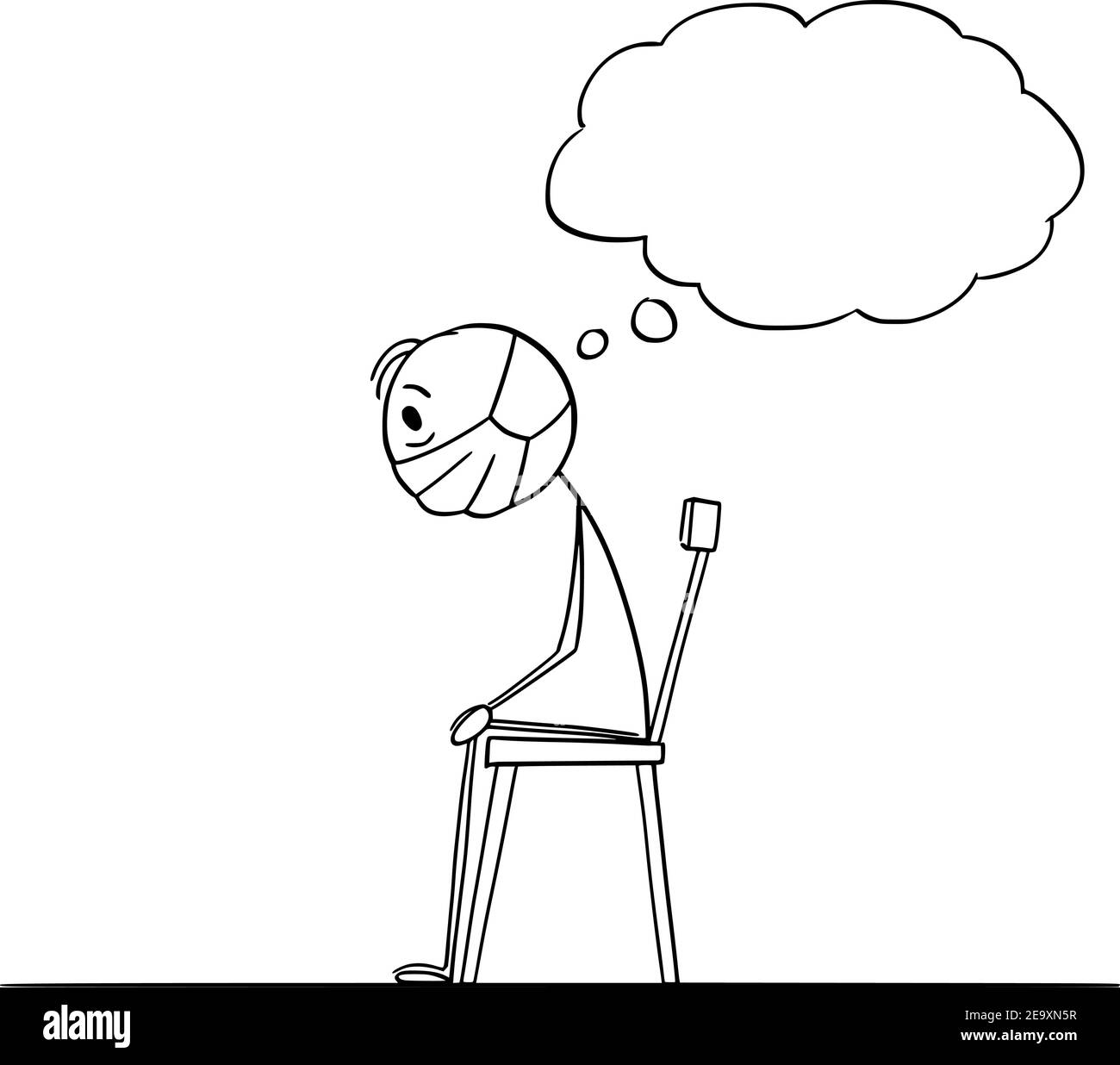 Uomo frustrato seduto sulla sedia a casa bloccato durante covid-19 o coronavirus lockdown quarantena e pensiero, vettore cartoon Stick figura o illustrazione del personaggio. Illustrazione Vettoriale