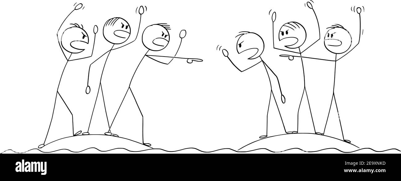 Due gruppi di persone arrabbiate o nazioni che lottano e si litigano tra isole vicine, cartoni animati vettoriali figura stick o illustrazione di carattere. Illustrazione Vettoriale