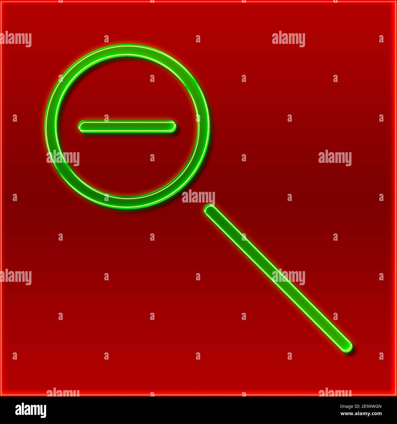 Vista dettagliata di una lente di ingrandimento con zoom indietro nel design di un cartello al neon Foto Stock