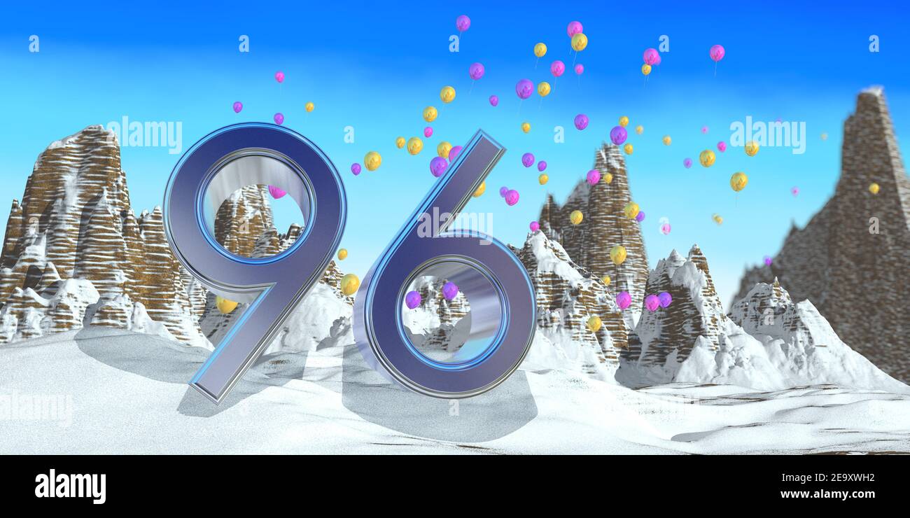 Numero 96 in spessa font blu su una montagna innevata con montagne rocciose paesaggio con neve e palloncini rossi, gialli e viola che volano sullo sfondo. Foto Stock