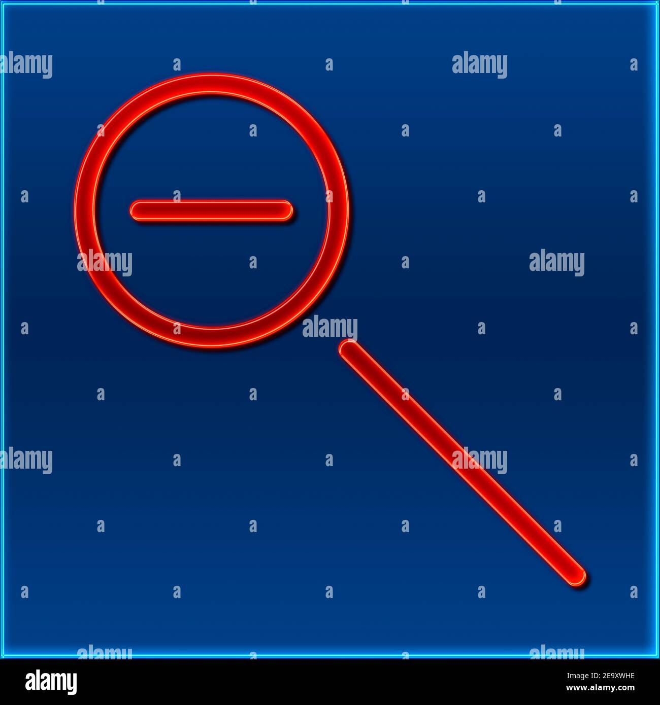 Vista dettagliata di una lente di ingrandimento con zoom indietro nel design di un cartello al neon Foto Stock