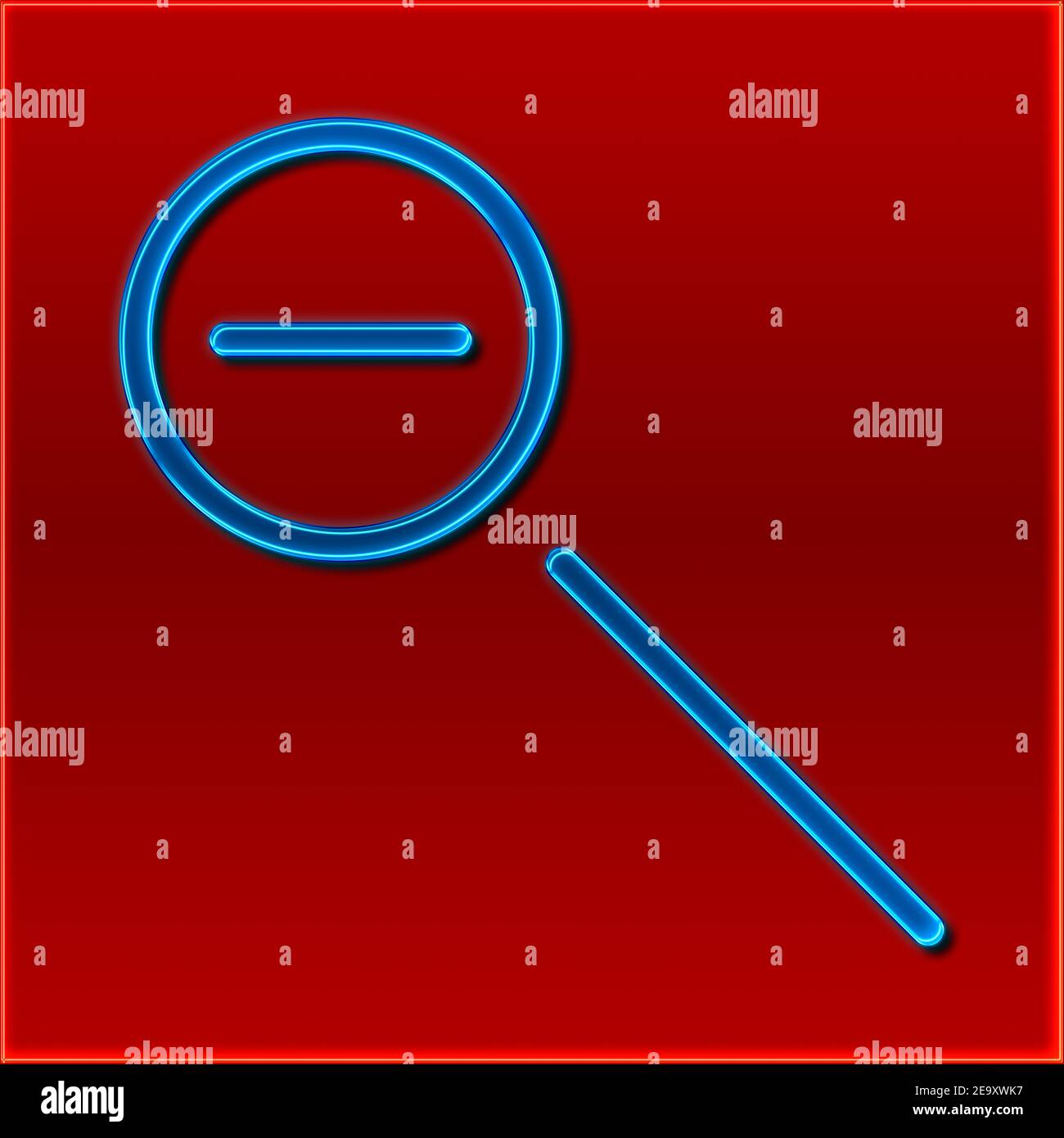 Vista dettagliata di una lente di ingrandimento con zoom indietro nel design di un cartello al neon Foto Stock