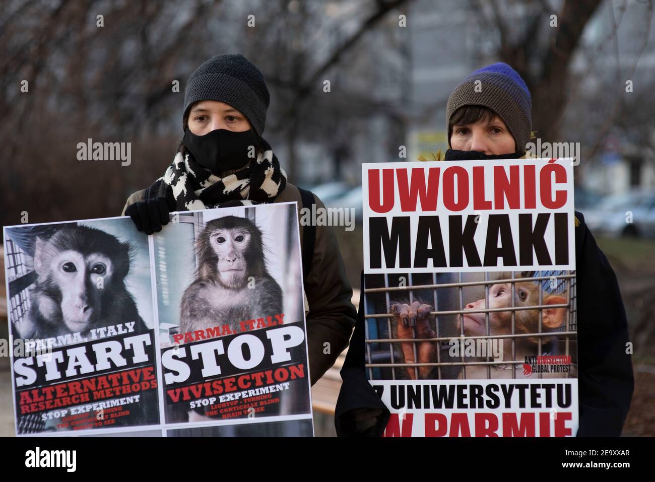 Varsavia, Varsavia, Polonia. 6 Feb 2021. I manifestanti tengono cartelli durante una protesta contro la vivisezione sugli animali il 6 febbraio 2021 a Varsavia, Polonia. I membri della ribellione animale dell'NPO Polska si sono riuniti di fronte all'ambasciata italiana a Varsavia per manifestare solidarietà agli attivisti dei diritti degli animali in Italia che protestano contro la vivisezione sugli animali a fini scientifici; In particolare l'uso dei macachi nel progetto "lightup - Turning the cortically blind brain to SEE" condotto dall'Università di Torino in collaborazione con l'Università di Parma. Guidato da Research Fellow Foto Stock