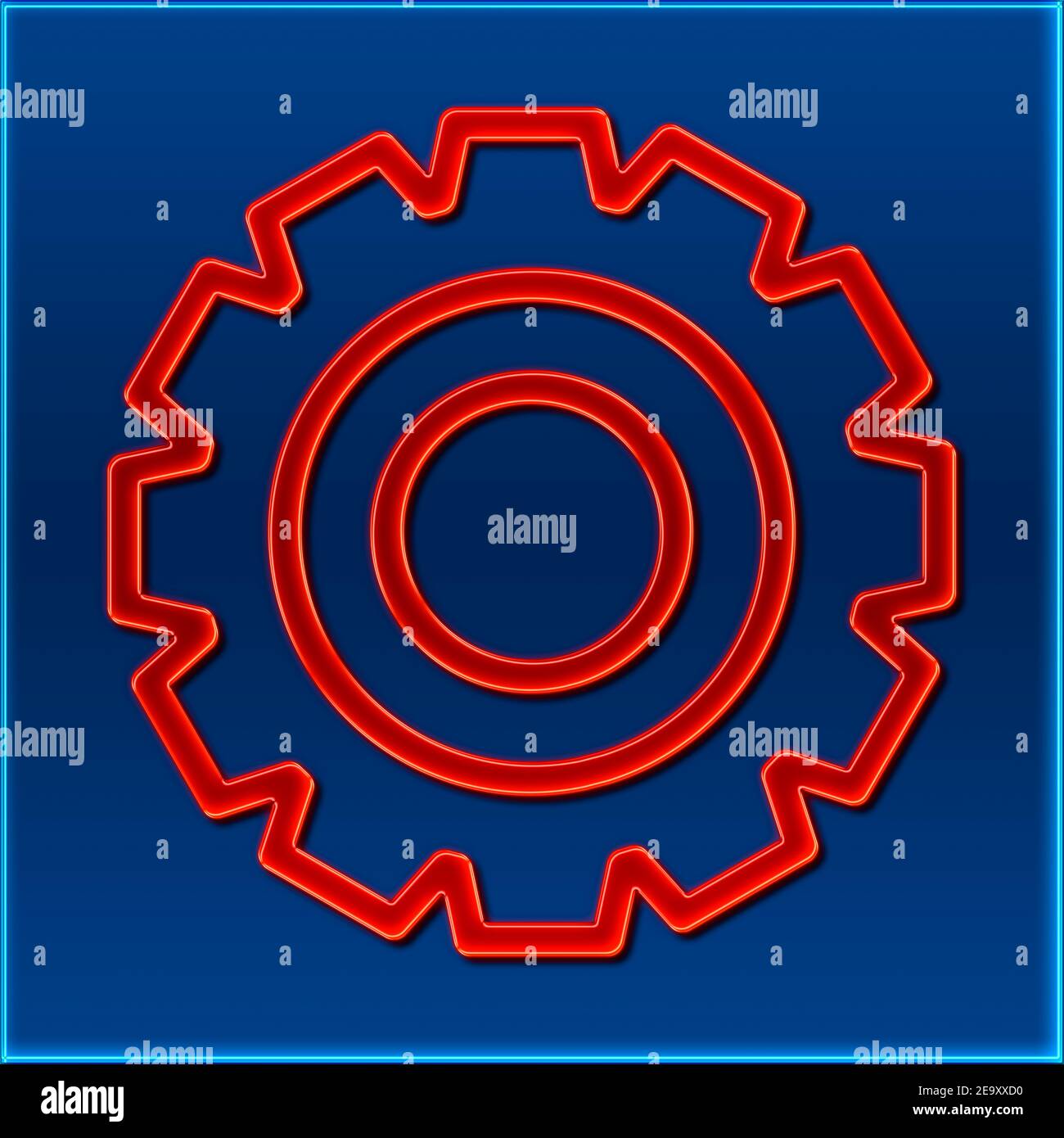 Vista dettagliata di una ruota dentata nel design di un cartello al neon Foto Stock