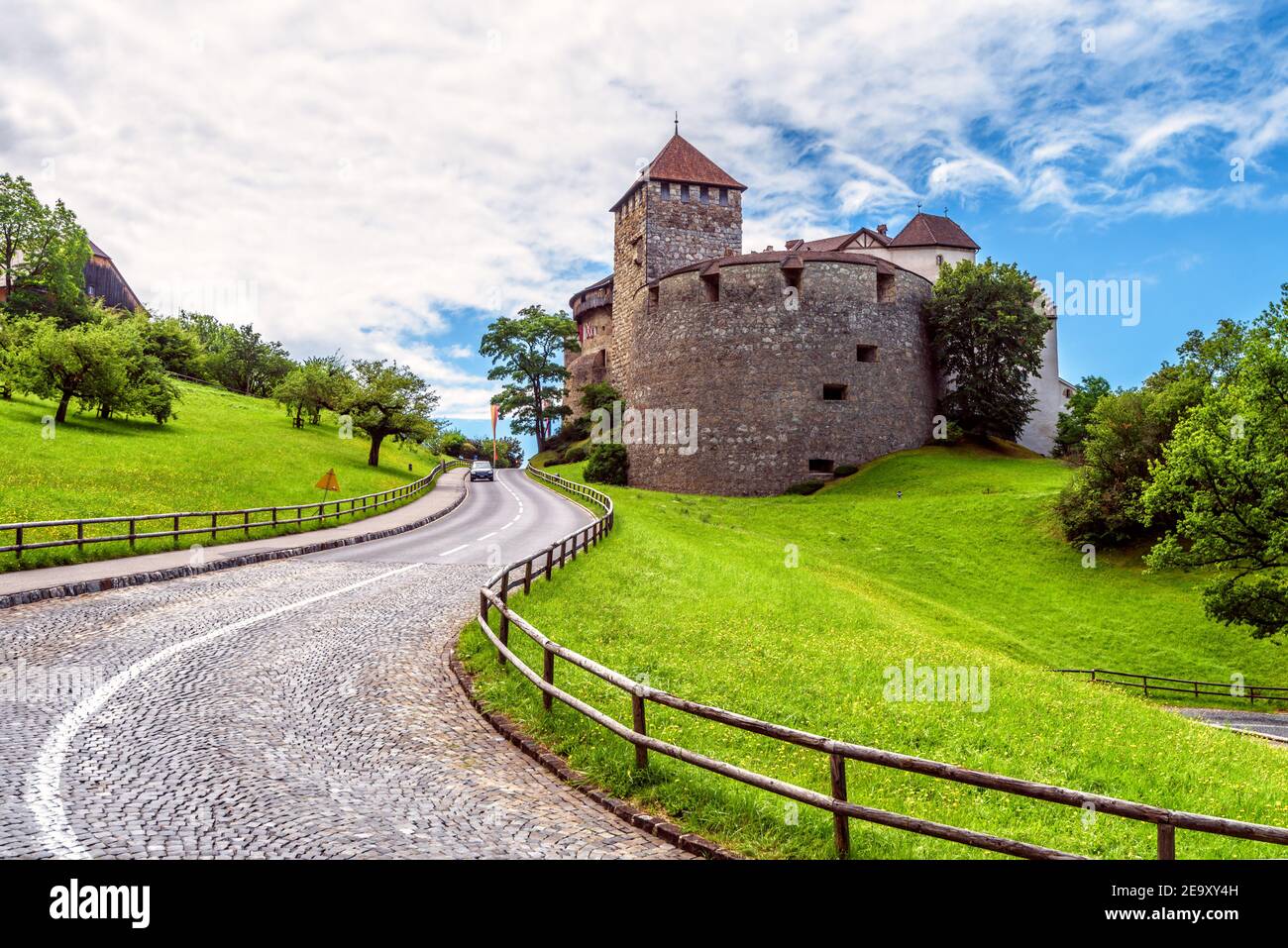 Castello di Vaduz nel Liechtenstein, in Europa. Il vecchio castello reale è un punto di riferimento del Liechtenstein e della Svizzera. Paesaggio con castello medievale, prato verde e. Foto Stock