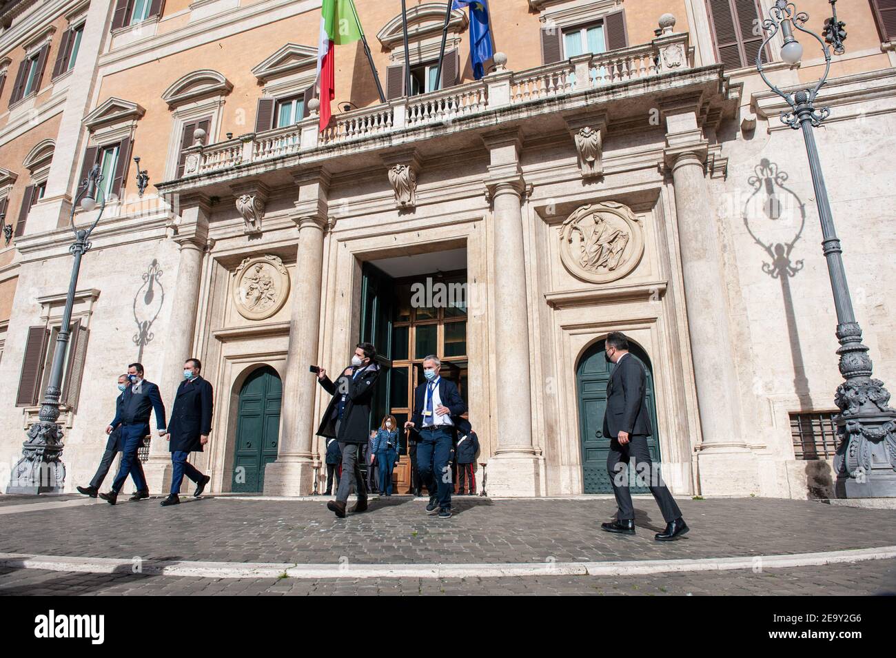 Roma, Italia 2 febbraio 2021: Leader della Lega Matteo Salvini nell'ultimo giorno di consultazioni, Montecitorio. Foto Stock