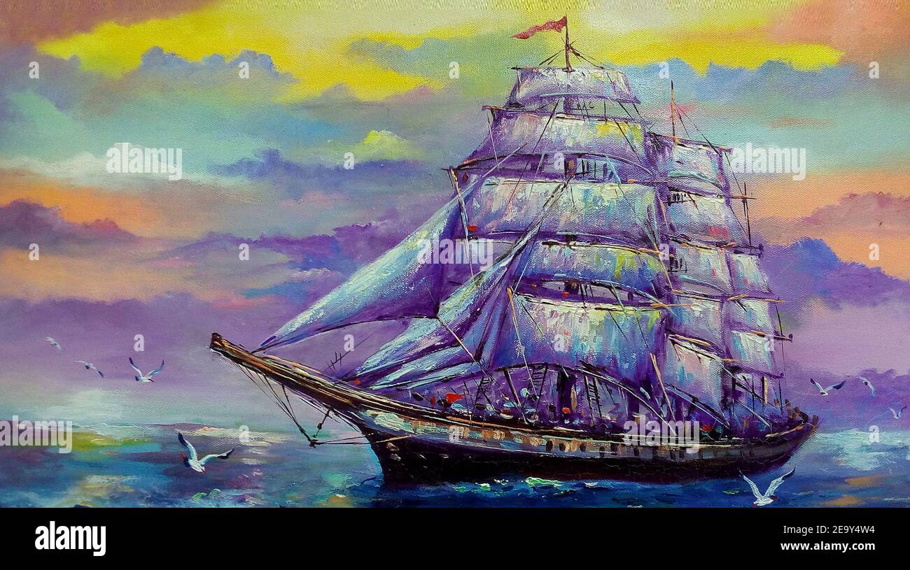 Arte , pittura ,olio ,colore ,barca a vela , nave , junk boat Foto Stock