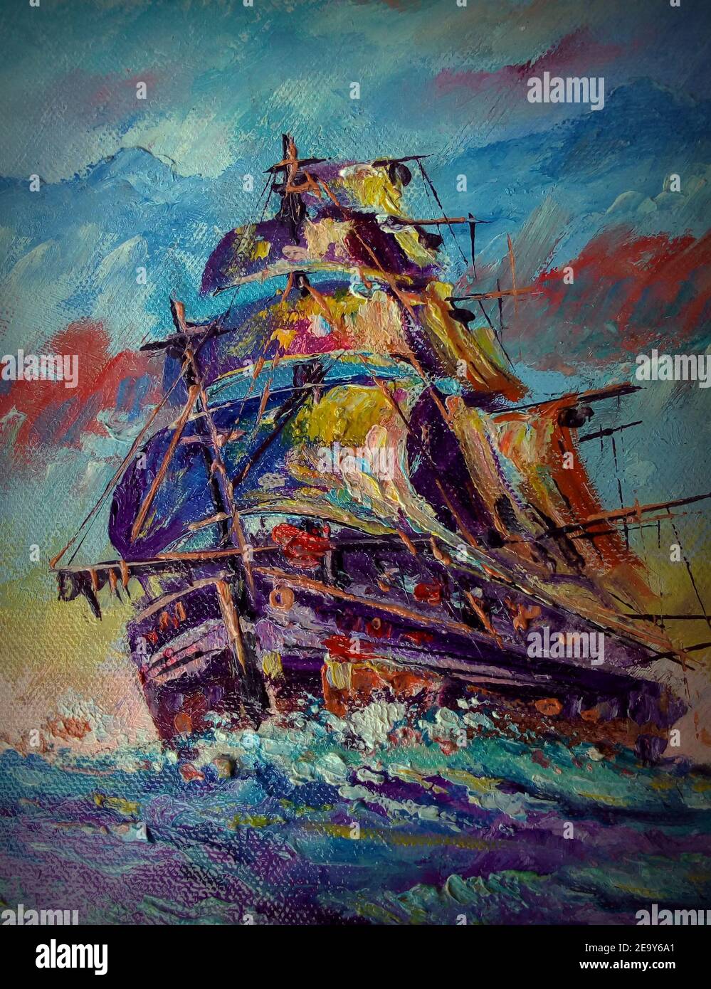 Arte, pittura, olio, colore, barca a vela, nave, Auspiciousness, barque fortunato, junk boat Foto Stock