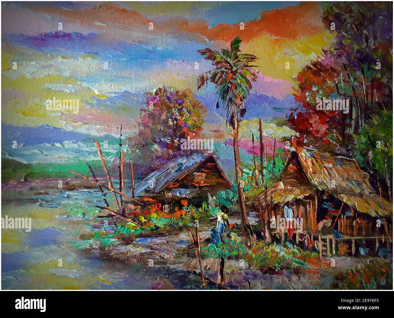 Arte, pittura, olio, colore, vita Thailandia, agricoltore, vita rurale, Thailandia rurale Foto Stock
