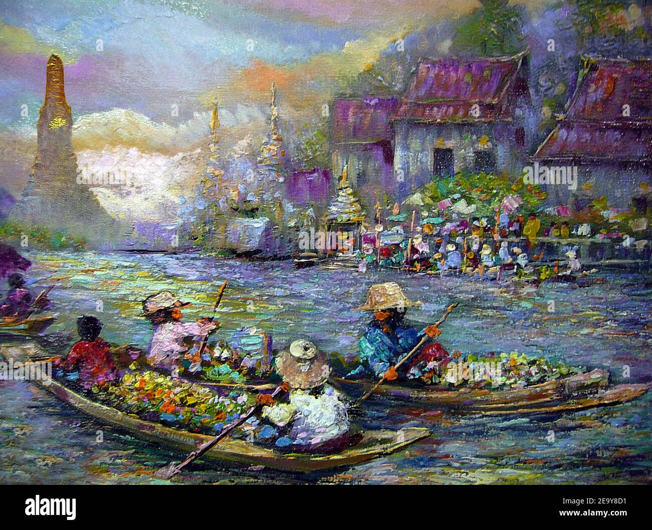 Pittura d'arte colore dell'olio mercato galleggiante Thailandia , campagna , vita rurale , Thailandia rurale Foto Stock