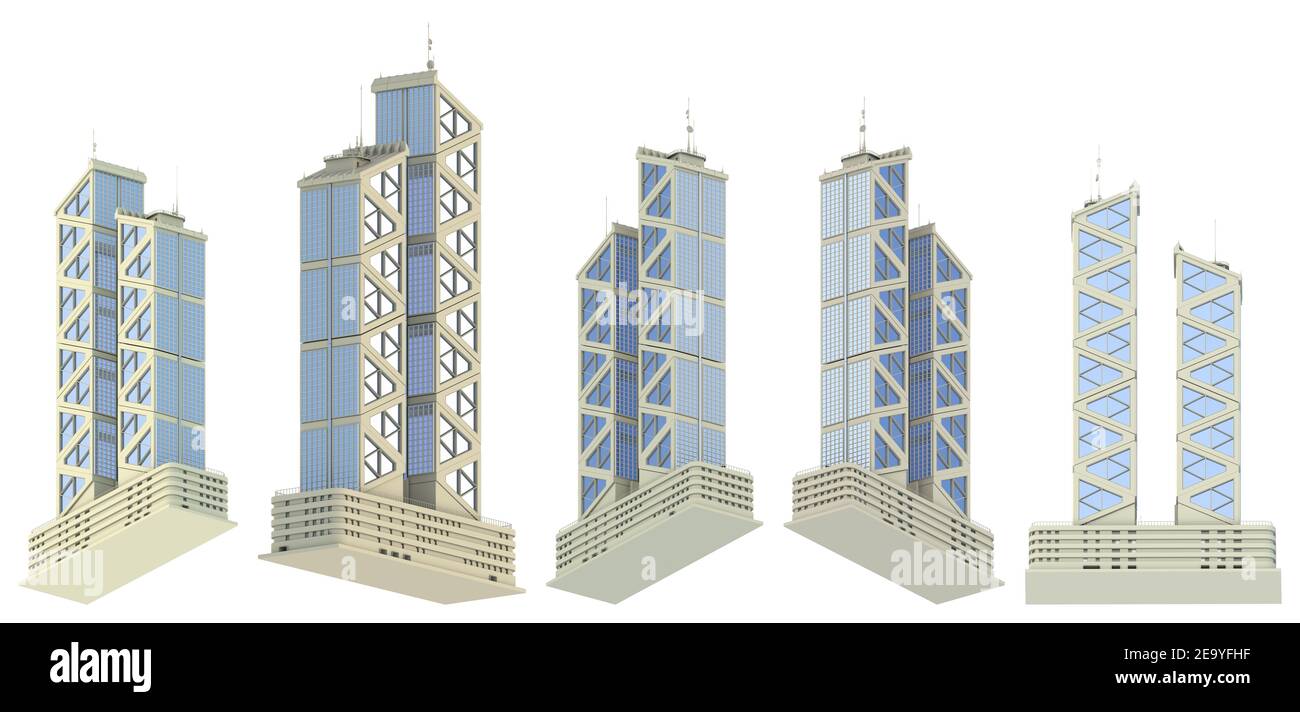 Set di 5 rendering di case finanziarie di design immaginario con due torri con riflesso cielo - isolato su bianco, vista bassa illustrazione 3d di architettura Foto Stock