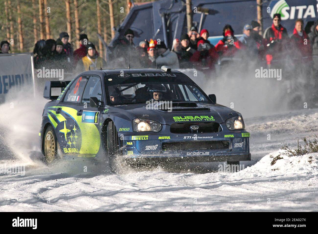 Il pilota francese Stephane Sarrazin, Subaru Impreza WRC durante il Rally svedese, in Svezia, il 11 febbraio 2005. Foto di Jean-Marc Pastor/Cameleon/ABACA. Foto Stock