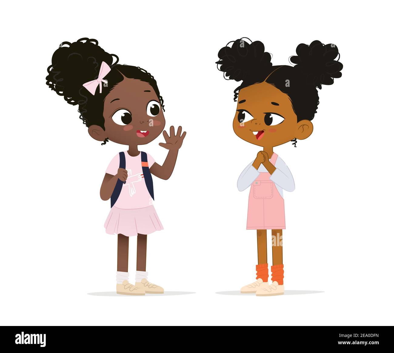 Due ragazze afro-americane parlano tra loro. La ragazza della scuola saluterà il suo nuovo amico. Gli amici della scuola si divertono Illustrazione Vettoriale