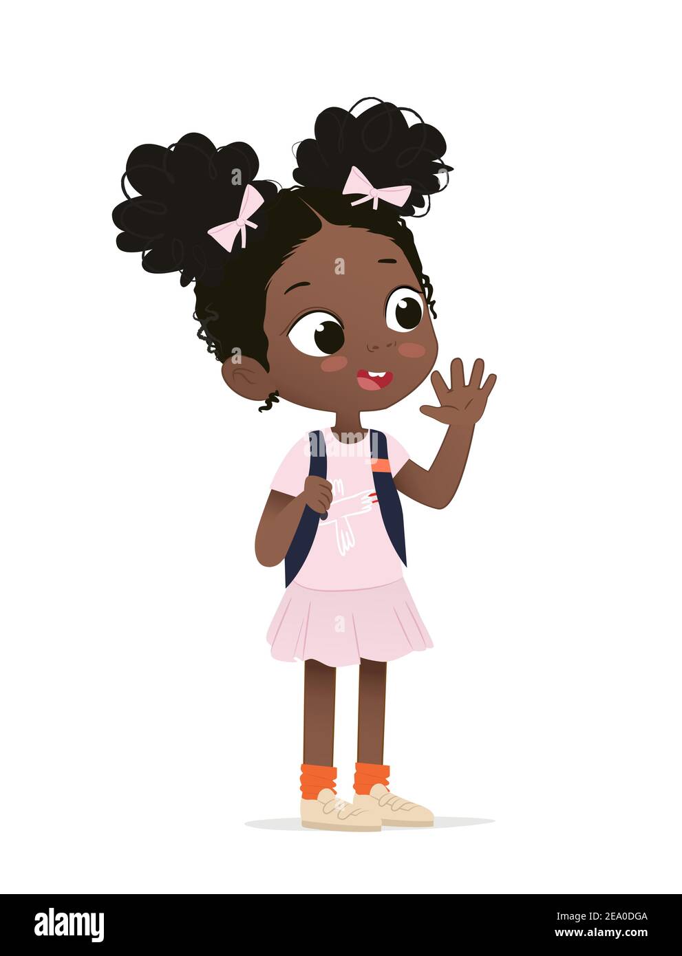 Sorridente afroamericana ragazza felice agitando la sua mano. Buon divertimento. ragazza di scuola sorpresa Illustrazioni vettoriali. Illustrazione Vettoriale