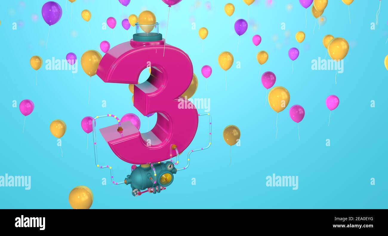 Il numero rosso 3 galleggia nell'aria collegata a a. compressore attraverso tubi di vetro che espellono palloncini attraverso tubi di vetro su uno sfondo blu con il giallo Foto Stock