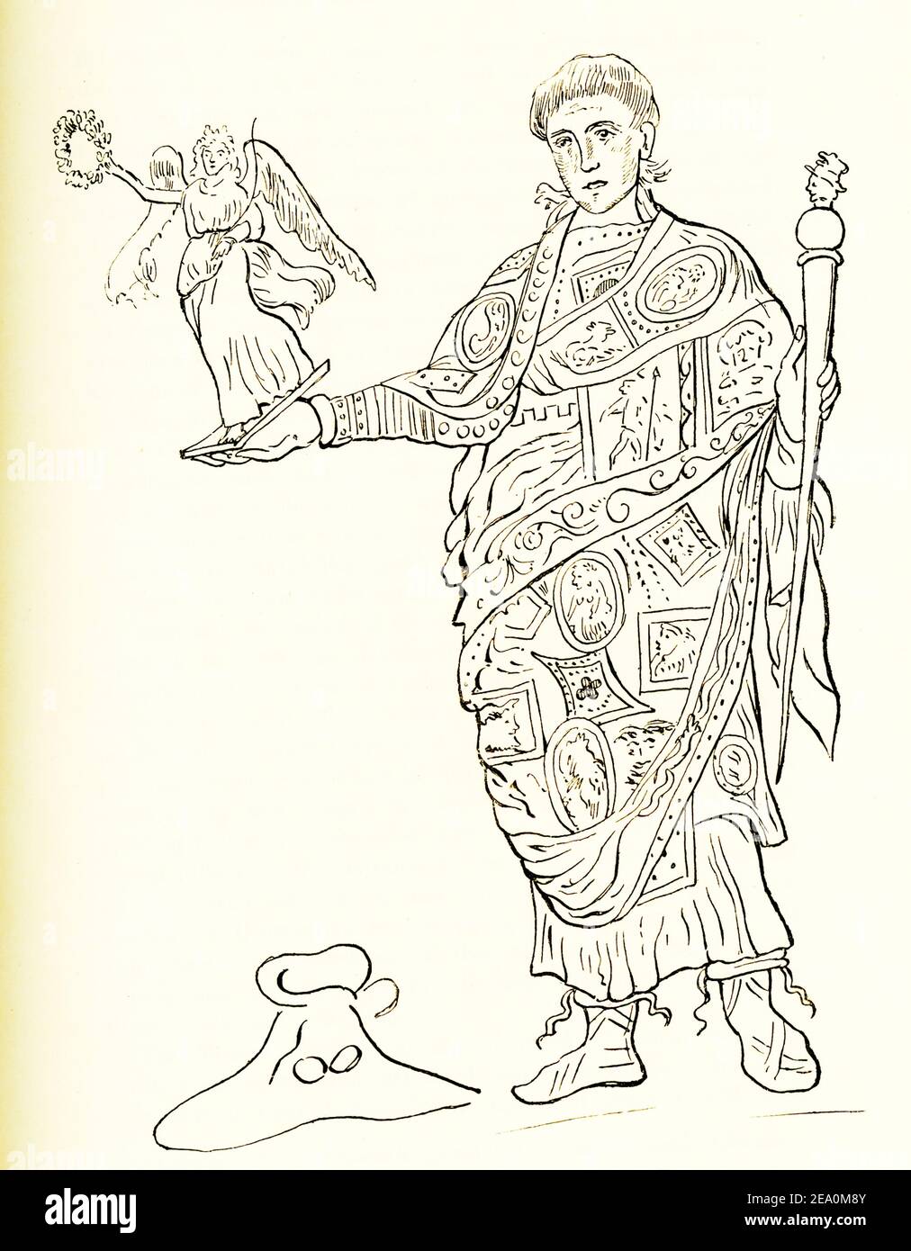 Questa illustrazione del 1884 mostra Costanzo in costume imperiale e una rappresentazione di Nike, la dea della vittoria. Questa è una copia dell'aminiatura di Kondakoff nella storia russa della pittura bizantina in miniatura. Costanzo i era un imperatore romano. Regnò come Cesare dal 293 al 305 e come Augusto dal 305 al 306. Era il collega minore del massimo Augusto sotto la Tetrarchia e gli successe come coimperatore maggiore della parte occidentale dell'impero. Costanzo governava l'Occidente mentre Galerio era Augusto in Oriente. Foto Stock
