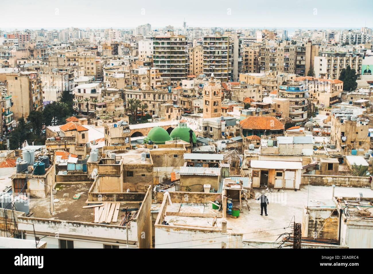 Si affaccia sui tetti delle case densamente accatastate di Tripoli, in Libano Foto Stock