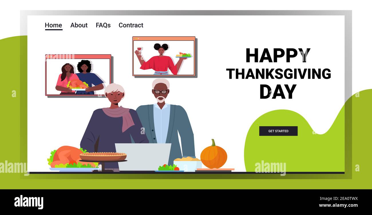 i nonni discutono con i bambini durante la videochiamata celebrando il ringraziamento felice giorno comunicazione online concetto di autoisolamento orizzontale verticale spazio di copia illustrazione vettoriale Illustrazione Vettoriale