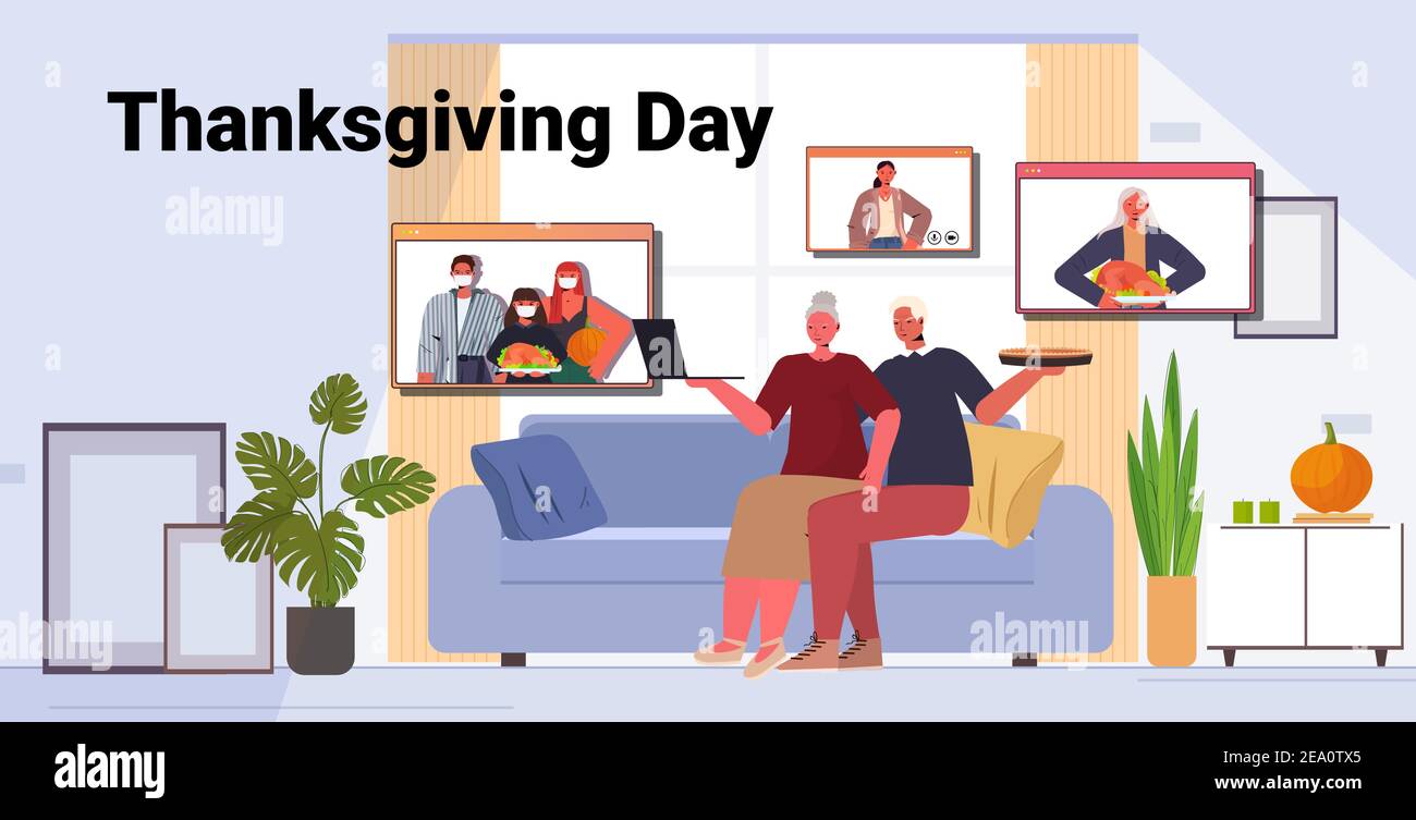 nonni discutere con i bambini durante la videochiamata famiglia festeggiando felice giorno di ringraziamento comunicazione online concetto di autoisolamento spazio di copia orizzontale illustrazione vettoriale Illustrazione Vettoriale