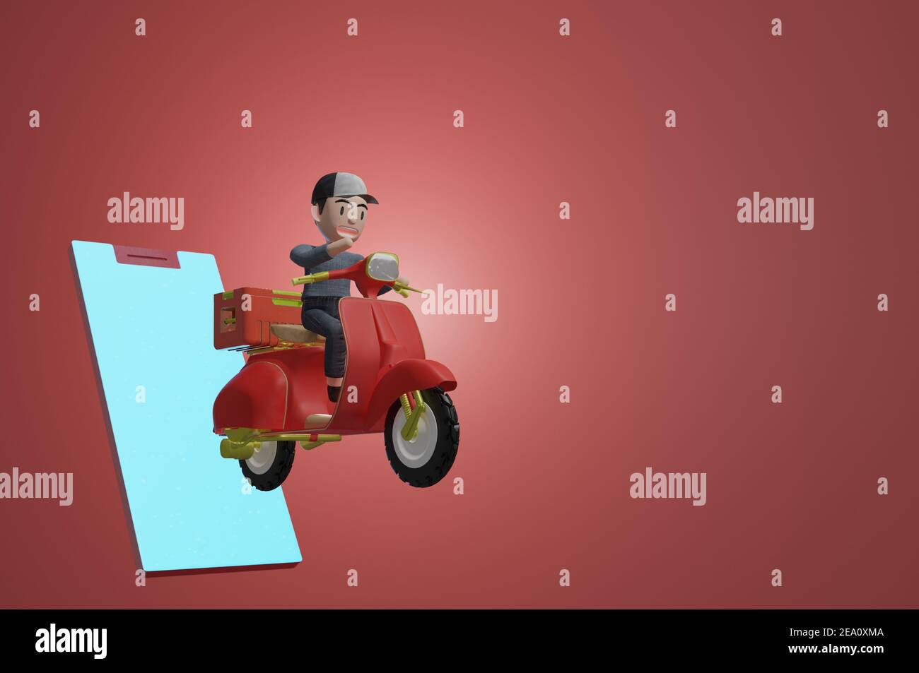 Illustrazione 3d , pacchetto di consegna da scooter su cellulare su sfondo rosso. Ordinare il pacchetto in e-commerce per app. Schermo vuoto mobile per testo e. Foto Stock