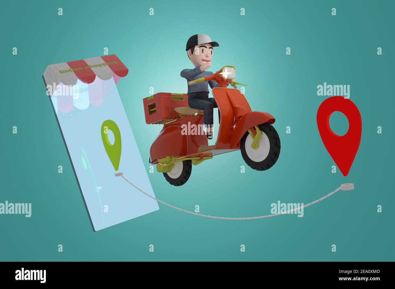 Illustrazione 3d , pacchetto di consegna da scooter su cellulare e sfondo verde. Ordinare il pacchetto in e-commerce per app. Corriere di tracking per applic di mappa Foto Stock