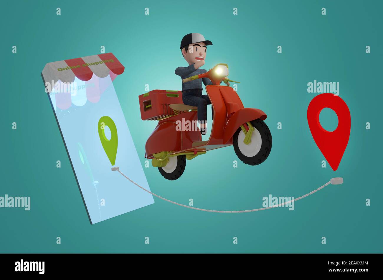 Illustrazione 3d , pacchetto di consegna da scooter su cellulare e sfondo verde. Ordinare il pacchetto in e-commerce per app. Corriere di tracking per applic di mappa Foto Stock