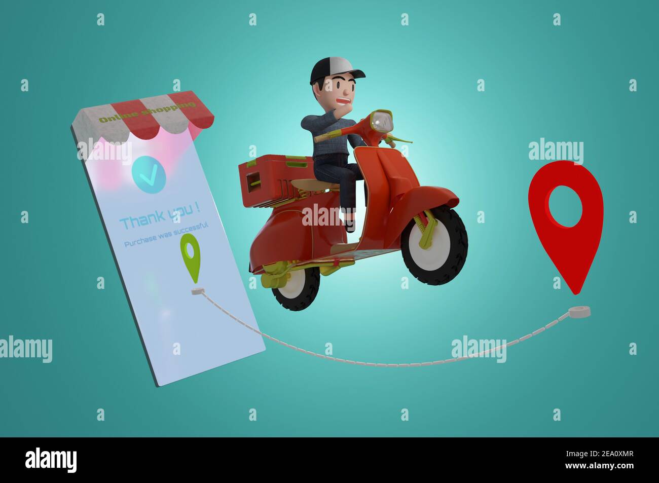 Illustrazione 3d , pacchetto di consegna da scooter su cellulare e sfondo verde. Ordinare il pacchetto in e-commerce per app. Corriere di tracking per applic di mappa Foto Stock