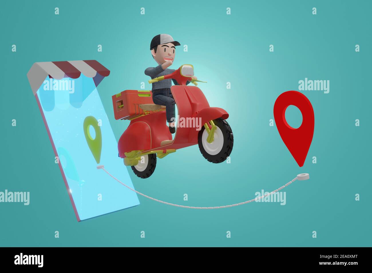 Illustrazione 3d , pacchetto di consegna da scooter su cellulare e sfondo verde. Ordinare il pacchetto in e-commerce per app. Corriere di tracking per applic di mappa Foto Stock