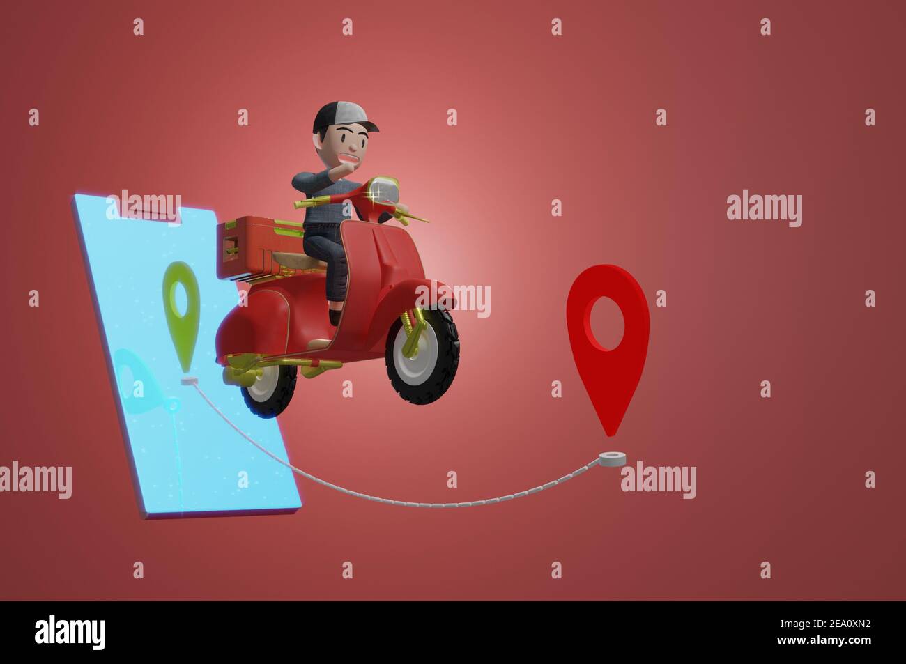 Illustrazione 3d , pacchetto di consegna da scooter su cellulare su sfondo rosso. Ordinare il pacchetto in e-commerce per app. Corriere di tracking per mappa applicati Foto Stock