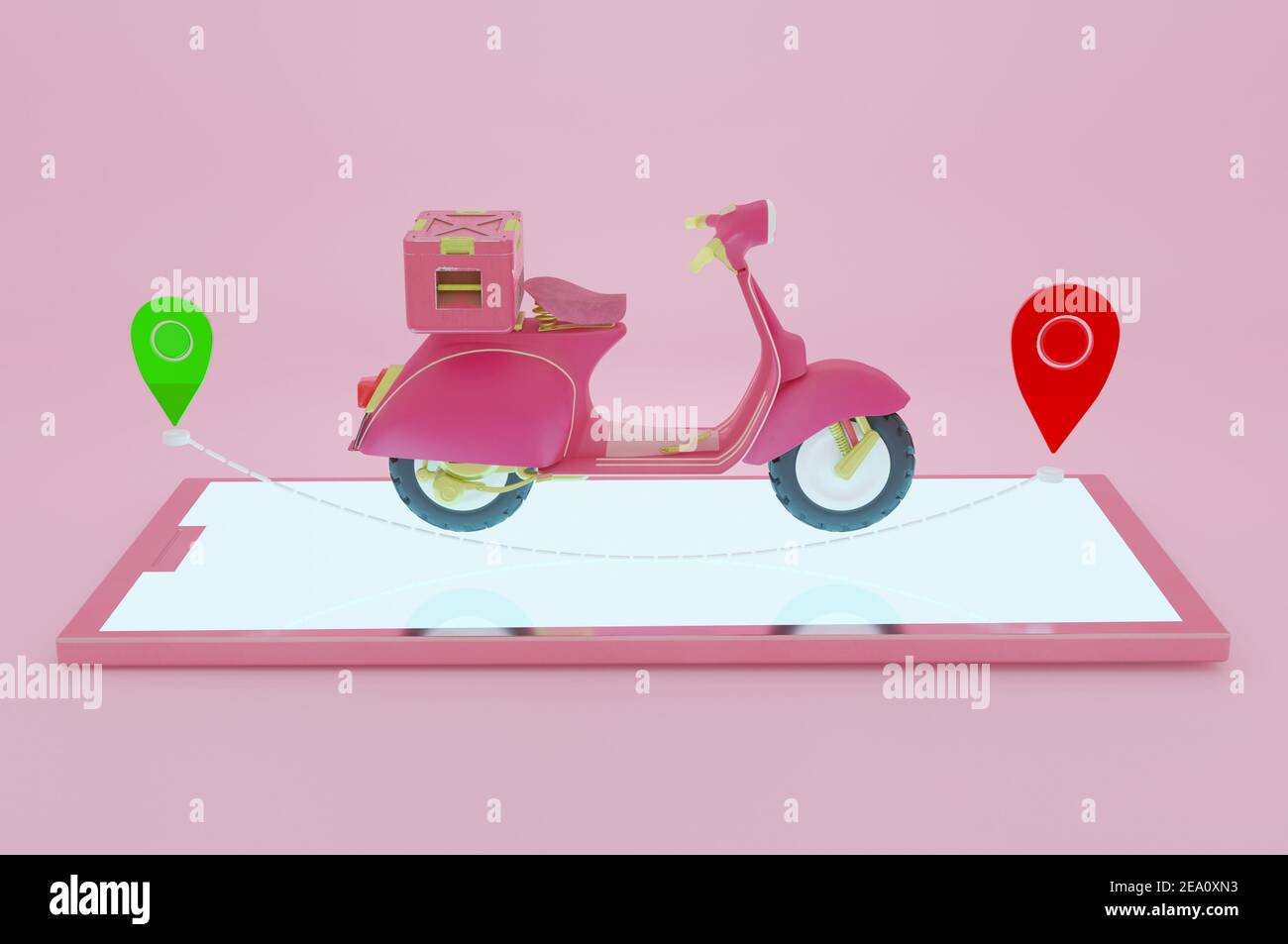 Illustrazione 3d , pacchetto di consegna in scooter su cellulare rosa . Ordinare il pacchetto in e-commerce per app. Foto Stock