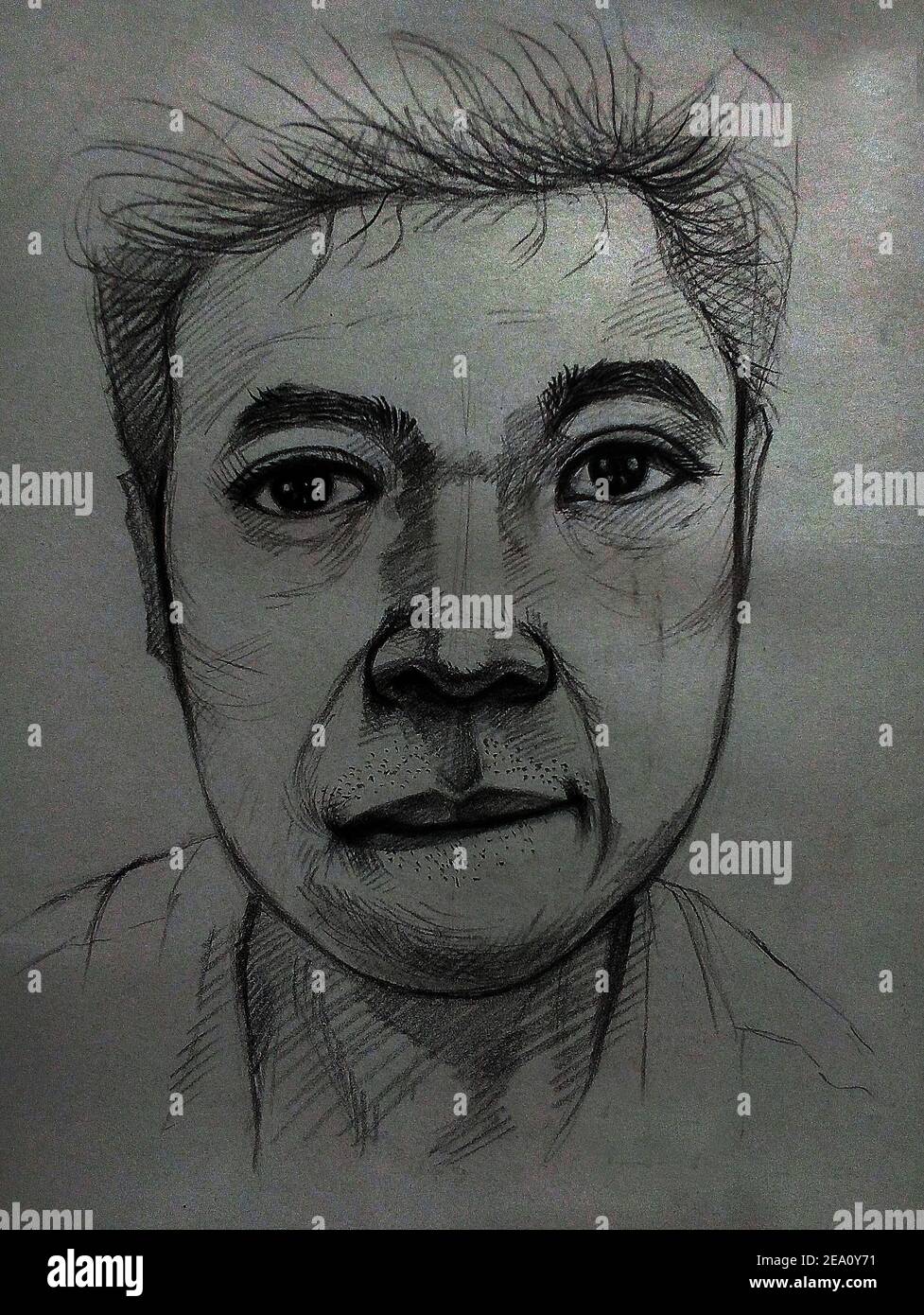 Disegno, luce e ombra, schizzo, fuori linea, faccia, uomo, buon umore felice Foto Stock