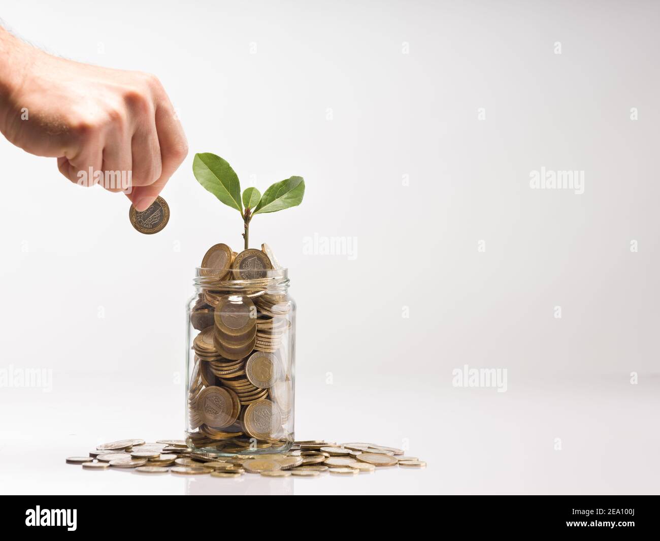 Mano della persona che tiene la moneta da mettere in vaso di vetro. Monete turche in vasi. Impianti in vaso e turco 1 TL monete concetto di risparmio e di finanza. Foto Stock